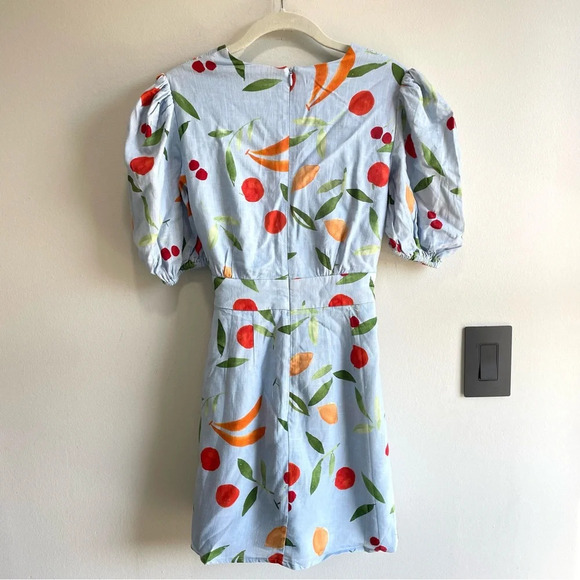 Finders Keepers Calypso Light Blue Fruit Print Puff Sleeve Mini Dress NWT Small - Picture 9 of 13